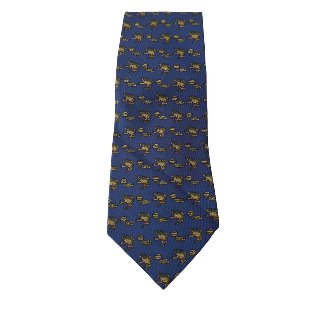 J.Crew Mens Frogs Silk Necktie Navy Blue Animal Print Made in USA Hand Made